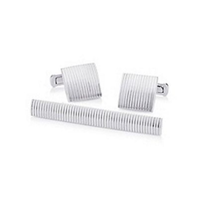 Silver square striped cufflinks and tie bar set